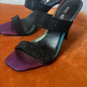 Nine West Black Strappy Heels with Multicolor Iridescent Toes